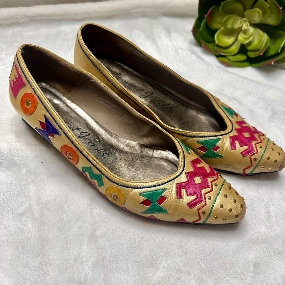 Margaret Jerrold Vintage 80s Leather Flats Aztec Southwestern Print Womens 6.5